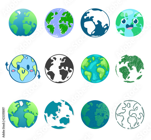 Earth planet vector global world universe and worldwide earthly universal globe illustration worldly set of earthed sphere logo with continents and ocean isolated on white background
