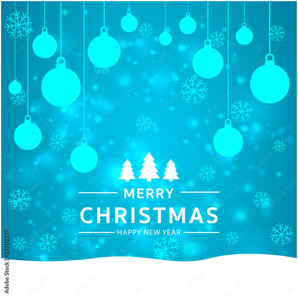 Blue shiny Happy New Year and Merry Christmas card with Christmas balls. Greeting card or festive poster template. Vector background. Blue shiny Happy New Year and Merry Christmas card with Christmas balls. Greeting card or festive poster template. Vector background.