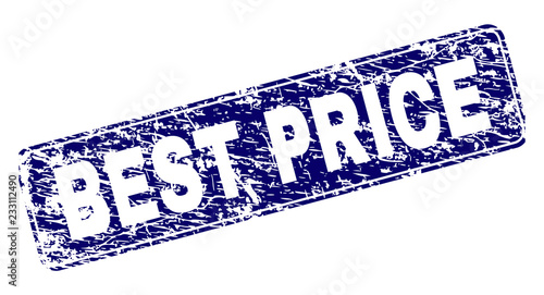 BEST PRICE stamp seal print with distress texture. Seal shape is a rounded rectangle with frame. Blue vector rubber print of BEST PRICE title with dust texture.