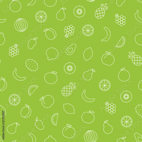 Vector seamless pattern of outline fruits such as avocado, apricot, orange, pineapple, peach, mango, grape, pear, apple, pomegranate, banana, kiwifruit, watermelon, lemon