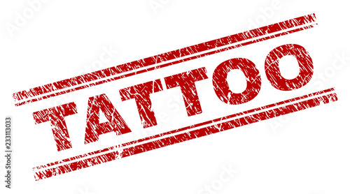 TATTOO seal print with grunge texture. Red vector rubber print of TATTOO title with unclean texture. Text title is placed between double parallel lines.
