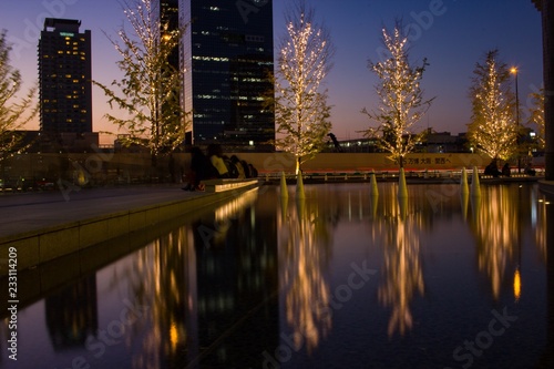 Reflection from illuminated trees at Umeda station, Osaka.