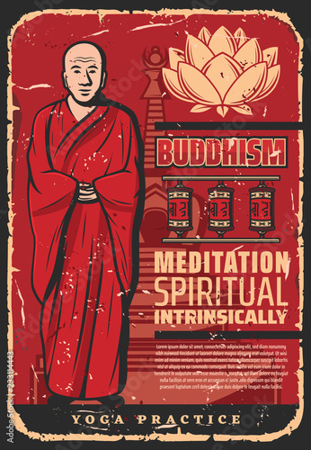 Buddhism religion monk, prayer wheels and lotus