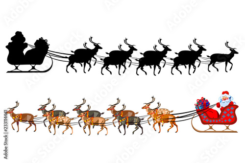 Santa Claus on a sleigh with reindeer, with a handful of gifts. Silhouette of santa claus.