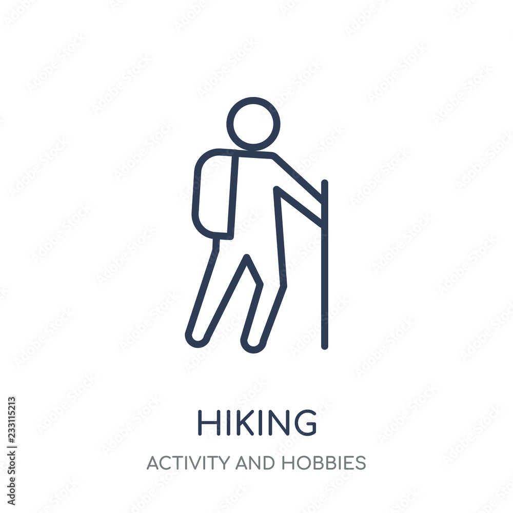 Hiking icon. Hiking linear symbol design from Activity and Hobbies collection. Hiking icon. Hiking linear symbol design from Activity and Hobbies collection.