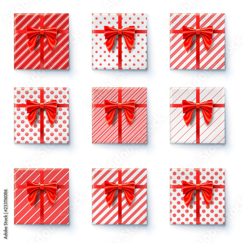Present boxes with red ribbon and big bow isolated on white background. Top view on gift boxes, festive packaging wrapped in paper with simple different pattern. Set of icons for holidays. Vector.