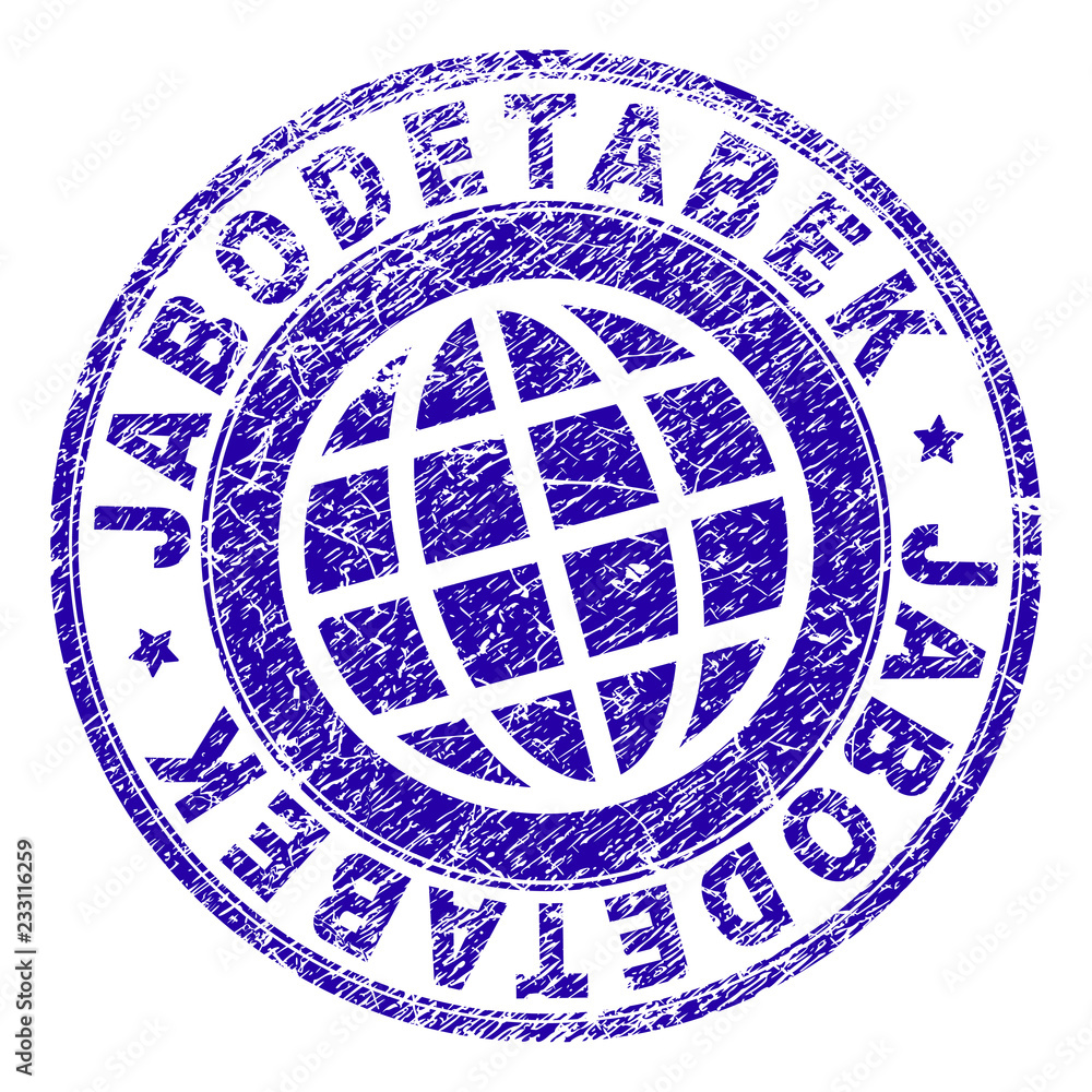 JABODETABEK stamp imprint with distress texture. Blue vector rubber seal imprint of JABODETABEK caption with dirty texture. Seal has words placed by circle and globe symbol.