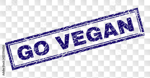 GO VEGAN stamp seal print with rubber print style and double framed rectangle shape. Stamp is placed on a transparent background. Blue vector rubber print of GO VEGAN text with dirty texture.
