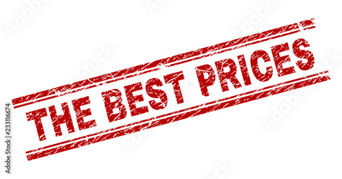 THE BEST PRICES seal print with distress texture. Red vector rubber print of THE BEST PRICES tag with corroded texture. Text tag is placed between double parallel lines.