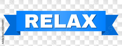 RELAX text on a ribbon. Designed with white caption and blue tape. Vector banner with RELAX tag on a transparent background.