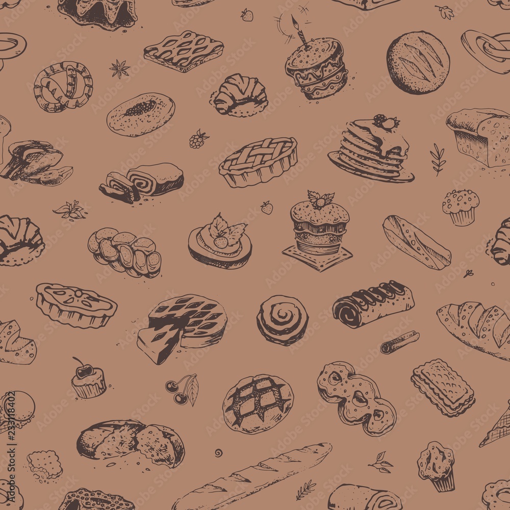 Hand drawn confectionery and bakery pattern