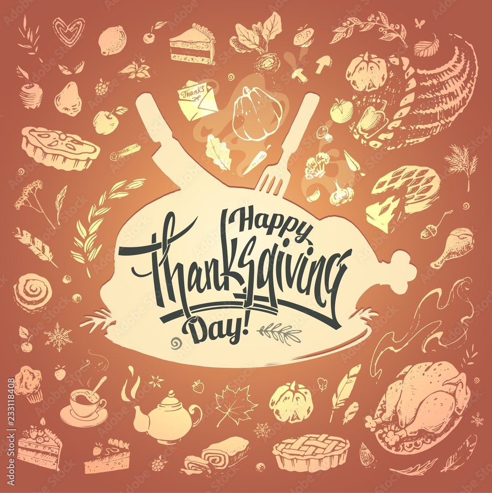Happy Thanksgiving card with hand drawn food icons Happy Thanksgiving card with hand drawn food icons