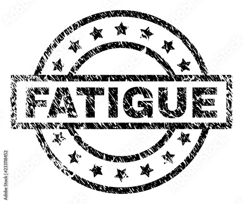 FATIGUE stamp seal watermark with distress style. Designed with rectangle, circles and stars. Black vector rubber print of FATIGUE text with unclean texture.