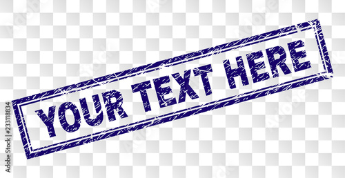 YOUR TEXT HERE stamp seal print with grainy style and double framed rectangle shape. Stamp is placed on a transparent background.