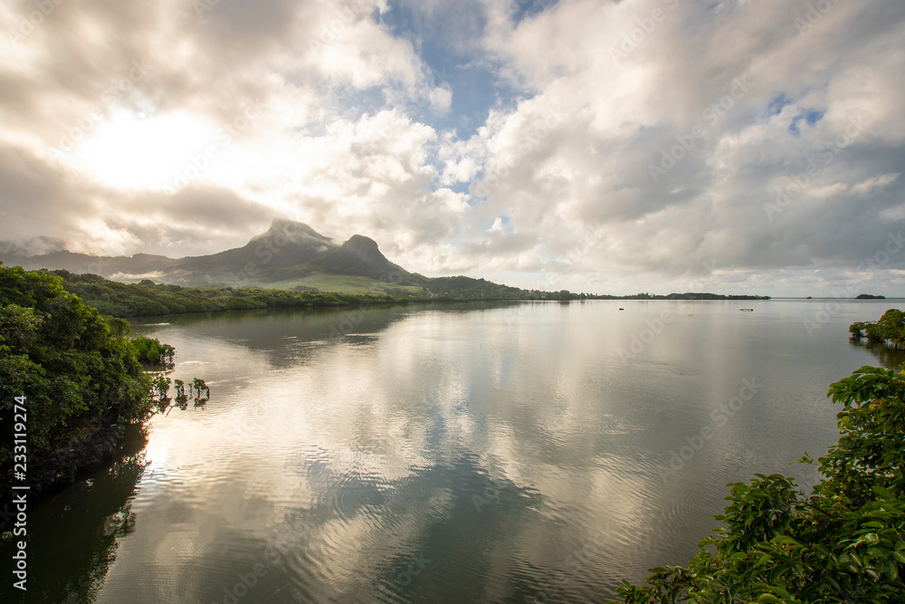 Historical dutch first landing spot in Mauritius in the 16th century - Early morning with reflections