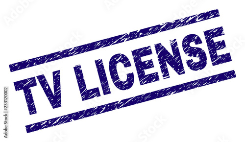 TV LICENSE seal print with distress style. Blue vector rubber print of TV LICENSE label with unclean texture. Text label is placed between parallel lines.