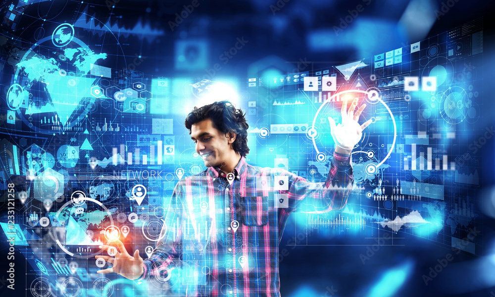 Man using media interface. Mixed media Man using media interface. Mixed media