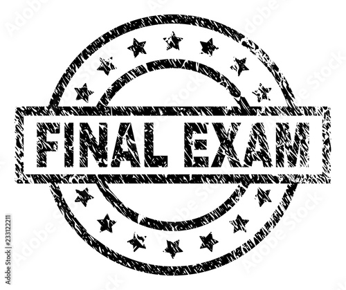 FINAL EXAM stamp seal watermark with distress style. Designed with rectangle, circles and stars. Black vector rubber print of FINAL EXAM caption with dirty texture.