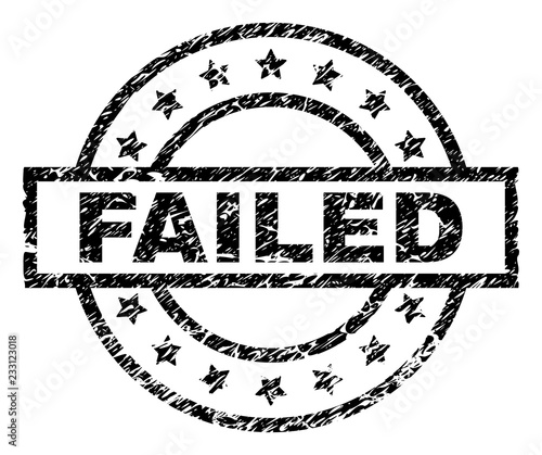 FAILED stamp seal watermark with distress style. Designed with rectangle, circles and stars. Black vector rubber print of FAILED title with grunge texture.