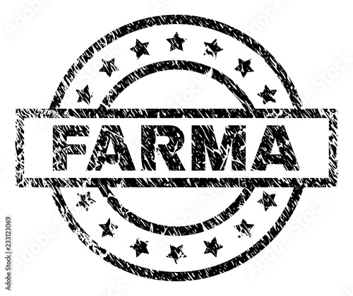 FARMA stamp seal watermark with distress style. Designed with rectangle, circles and stars. Black vector rubber print of FARMA tag with dust texture.