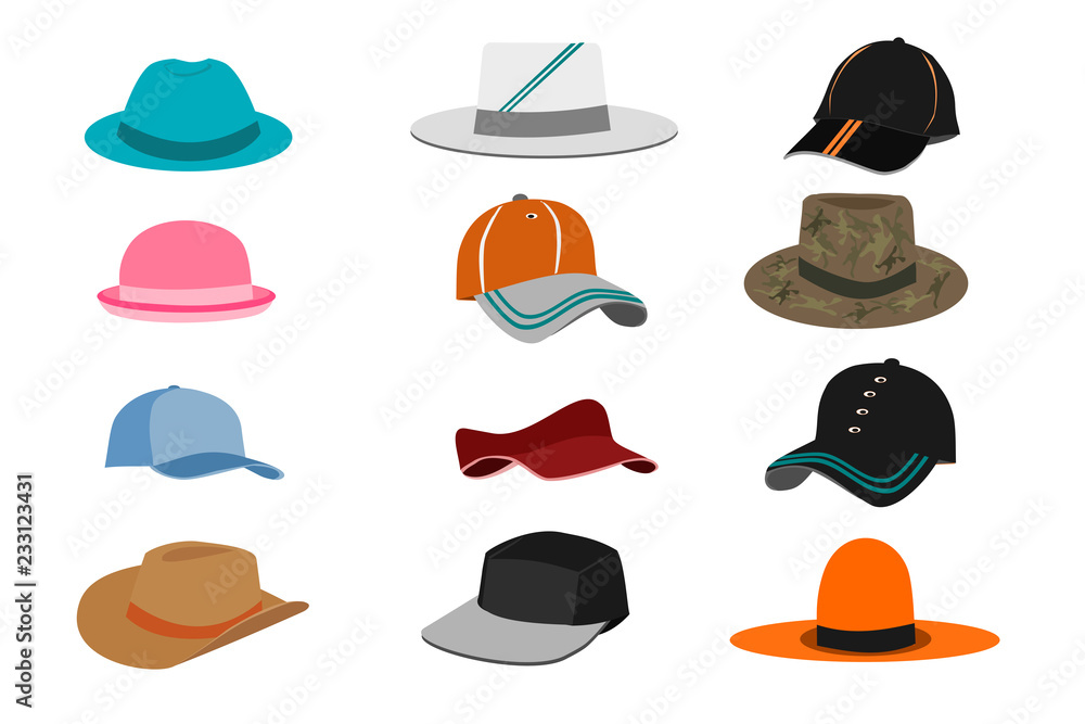 Collection of various types of hats on white background - obrazy, fototapety, plakaty 