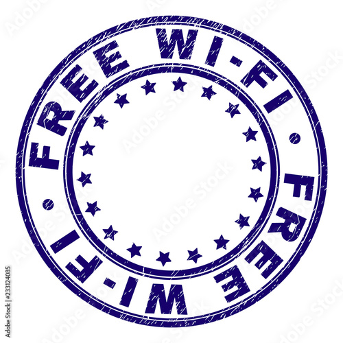 FREE WI-FI stamp seal imprint with grunge texture. Designed with circles and stars. Blue vector rubber print of FREE WI-FI tag with grunge texture.