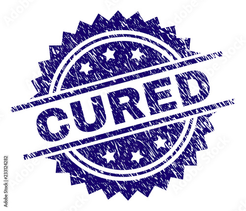 CURED stamp seal watermark with distress style. Blue vector rubber print of CURED label with corroded texture.