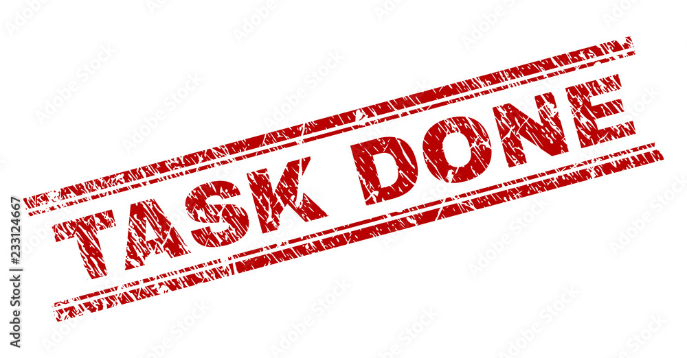 TASK DONE seal print with grunge texture. Red vector rubber print of ...