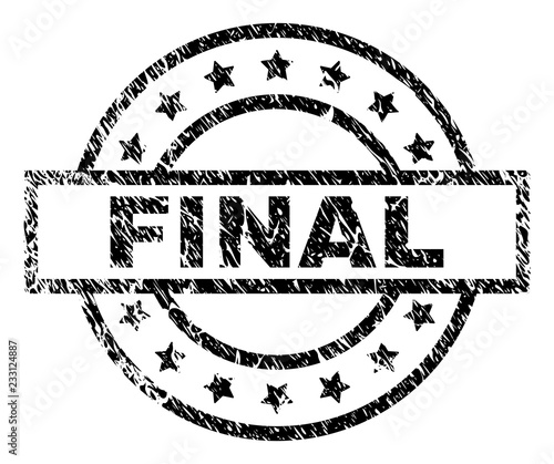 FINAL stamp seal watermark with distress style. Designed with rectangle, circles and stars. Black vector rubber print of FINAL tag with scratched texture.