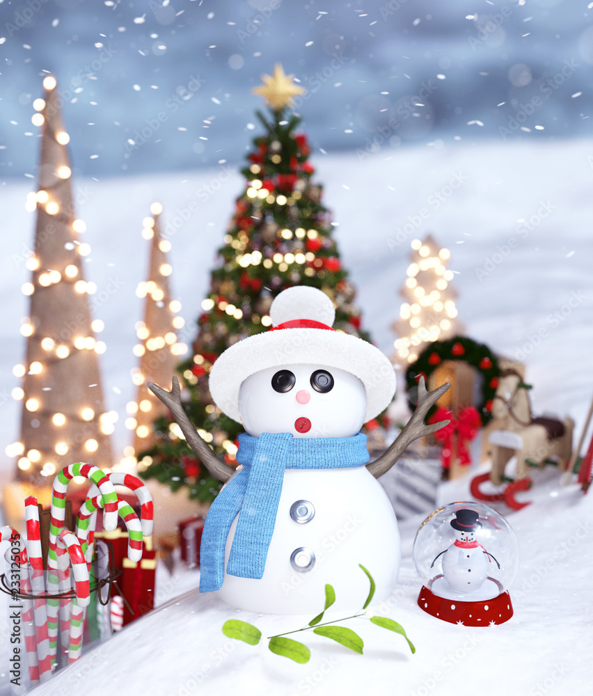 Christmas snowman and glass of candy cane on snow decorated for holidays season,3d rendering