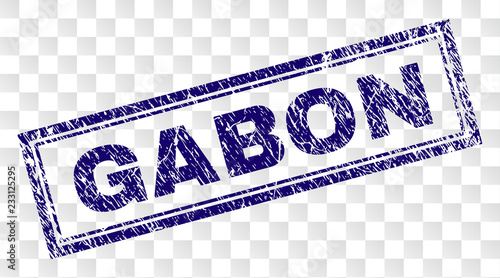 GABON stamp seal print with scratched style and double framed rectangle shape. Stamp is placed on a transparent background. Blue vector rubber print of GABON text with unclean texture.