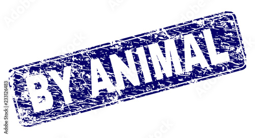BY ANIMAL stamp seal print with distress texture. Seal shape is a rounded rectangle with frame. Blue vector rubber print of BY ANIMAL caption with dirty texture.