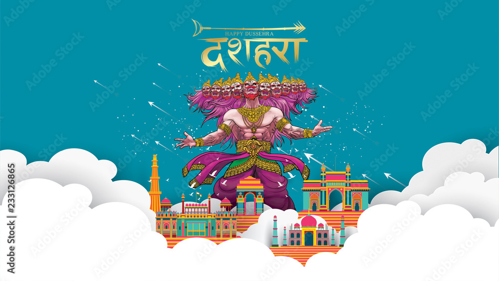 Obraz premium vector illustration of Lord Rama killing Ravana in Happy Dussehra Navratri poster festival of India. translation : dussehra