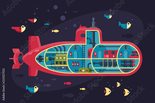 Submarine section, structure with fish, sea, ocean, internal content.