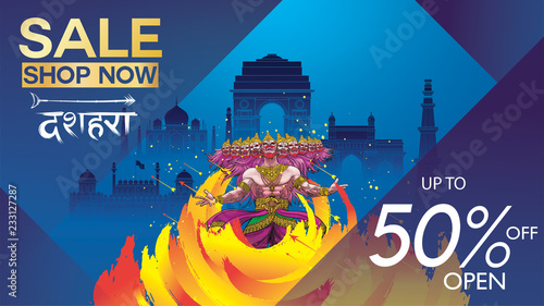 Dussehra Mega Sale with Special Discount Offers promotion advertisement, Creative website header or banner set, Angry ten headed Ravana Face and Lord Rama, Indian Festival concept.