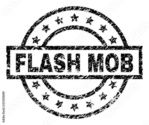 FLASH MOB stamp seal watermark with distress style. Designed with rectangle, circles and stars. Black vector rubber print of FLASH MOB tag with dirty texture.