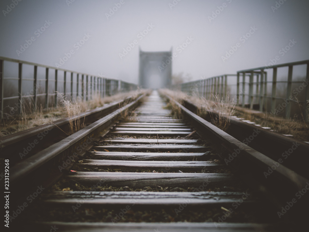 Fog on bridge. Misty road ahead, the prospect Fog on bridge. Misty road ahead, the prospect