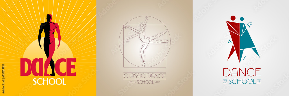 Obraz premium Dance classes vector logo, symbol set. Silhouette of fit man