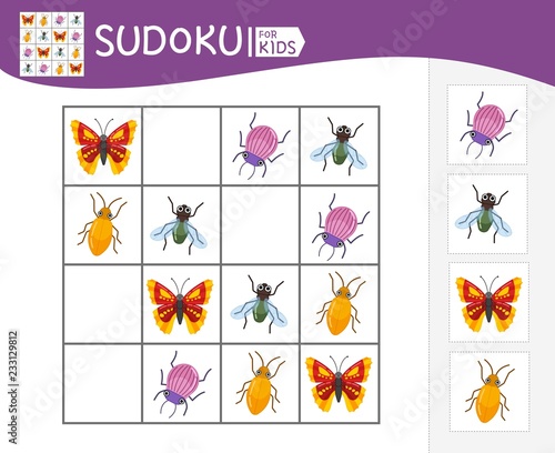 Sudoku game for children with pictures. Kids activity sheet. Cartoon insects.