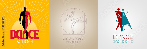 Dance classes vector logo, symbol set. Silhouette of fit man