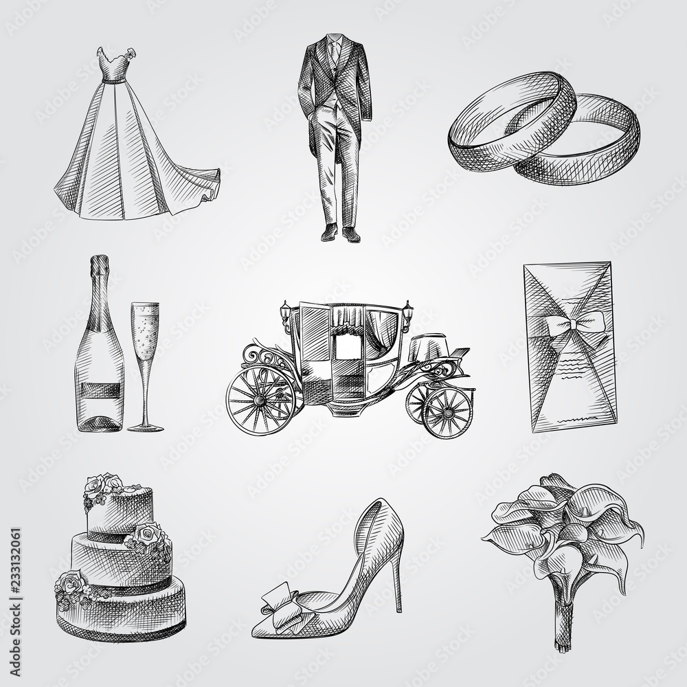 © alya_haciyeva - Hand Drawn Wedding elements Sketches Set. Collection Of champagne, shoe, Wedding Dress, Tuxedo, wedding cake, Bridal bouquet, rings. Vintage wedding Illustration isolated on white background. © alya_haciyeva - Hand Drawn Wedding elements Sketches Set. Collection Of champagne, shoe, Wedding Dress, Tuxedo, wedding cake, Bridal bouquet, rings. Vintage wedding Illustration isolated on white background.