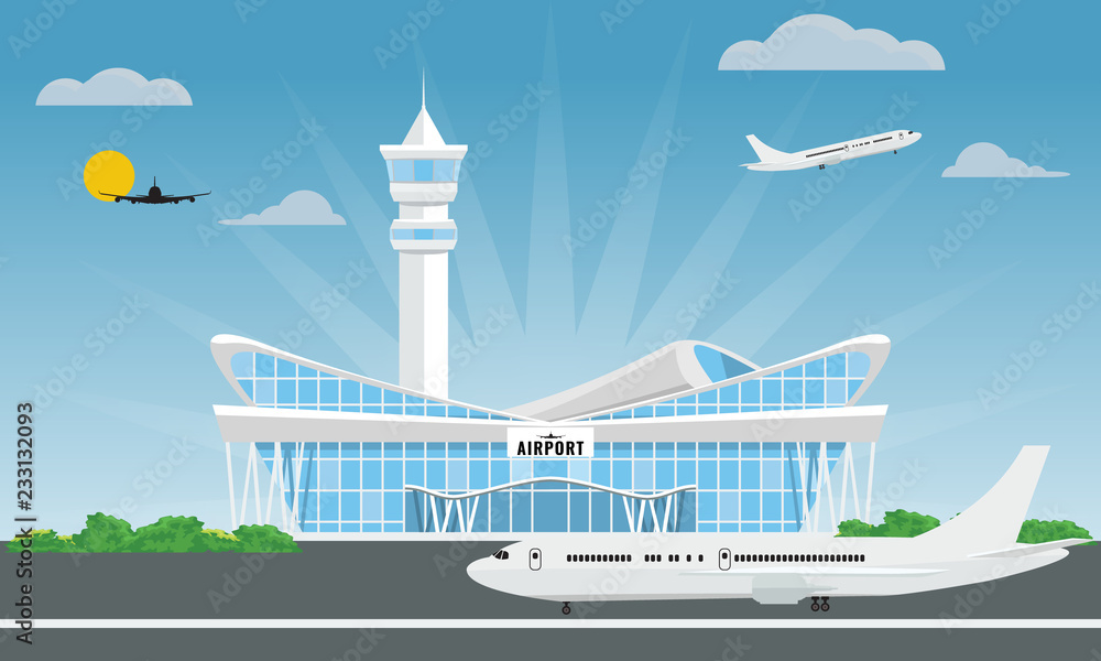Fototapeta premium Cool modern airport building in flat and solid color style. Vector illustration.