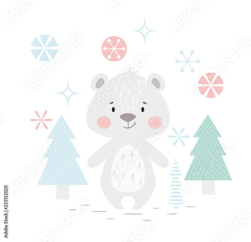 Bear baby winter print. Cute animal in snowy forest christmas card.