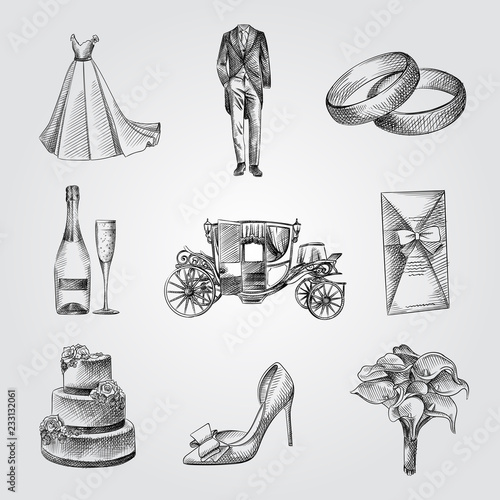 Hand Drawn Wedding elements Sketches Set. Collection Of champagne, shoe, Wedding Dress, Tuxedo, wedding cake, Bridal bouquet, rings. Vintage wedding Illustration isolated on white background.