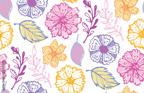 Floral pattern background - hand drawn doodle flowers and leaves