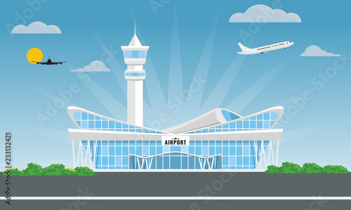 Cool modern airport building in flat and solid color style. Vector illustration.