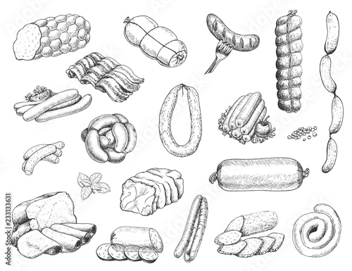 Fototapeta Vector set of different meat products in sketch style