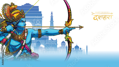 vector illustration of Lord Rama killing Ravana in Happy Dussehra Navratri poster festival of India. translation : dussehra