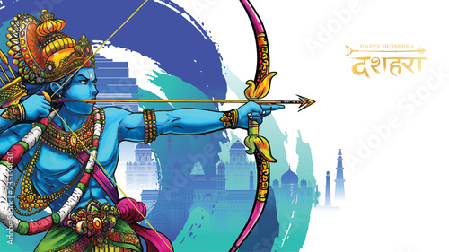 vector illustration of Lord Rama killing Ravana in Happy Dussehra Navratri poster festival of India. translation : dussehra
