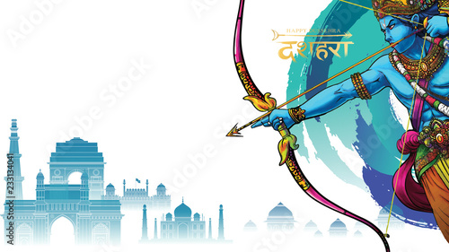 vector illustration of Lord Rama killing Ravana in Happy Dussehra Navratri poster festival of India. translation : dussehra